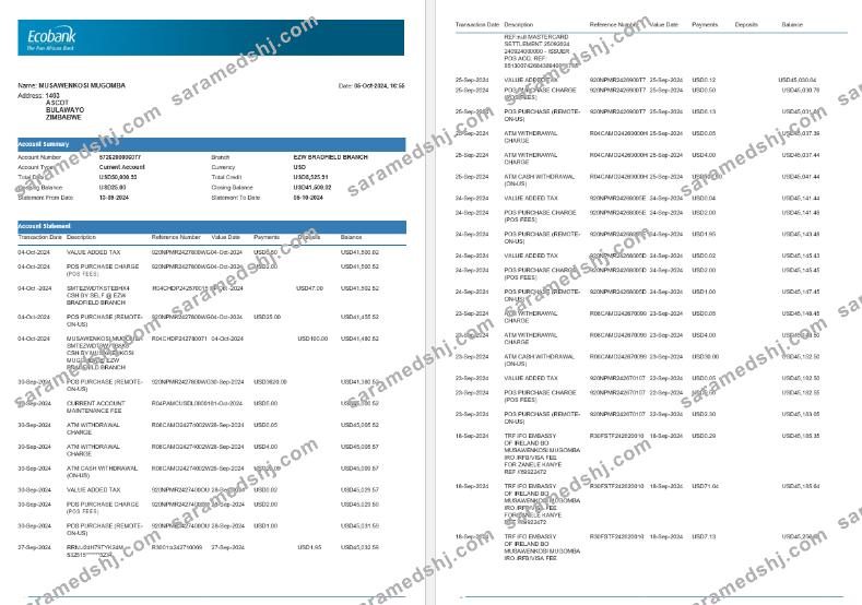 Zimbabwe Ecobank bank statement, 4 pages 1